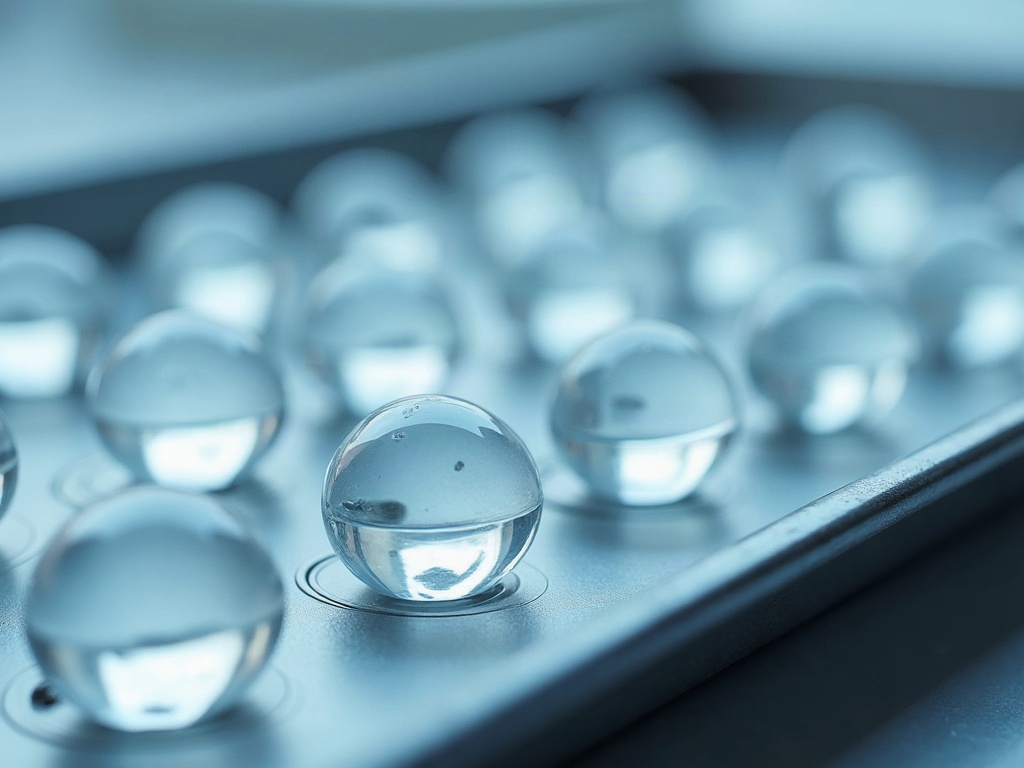 Empty clear capsule shells laid out on a stainless steel tray in a clean room.
