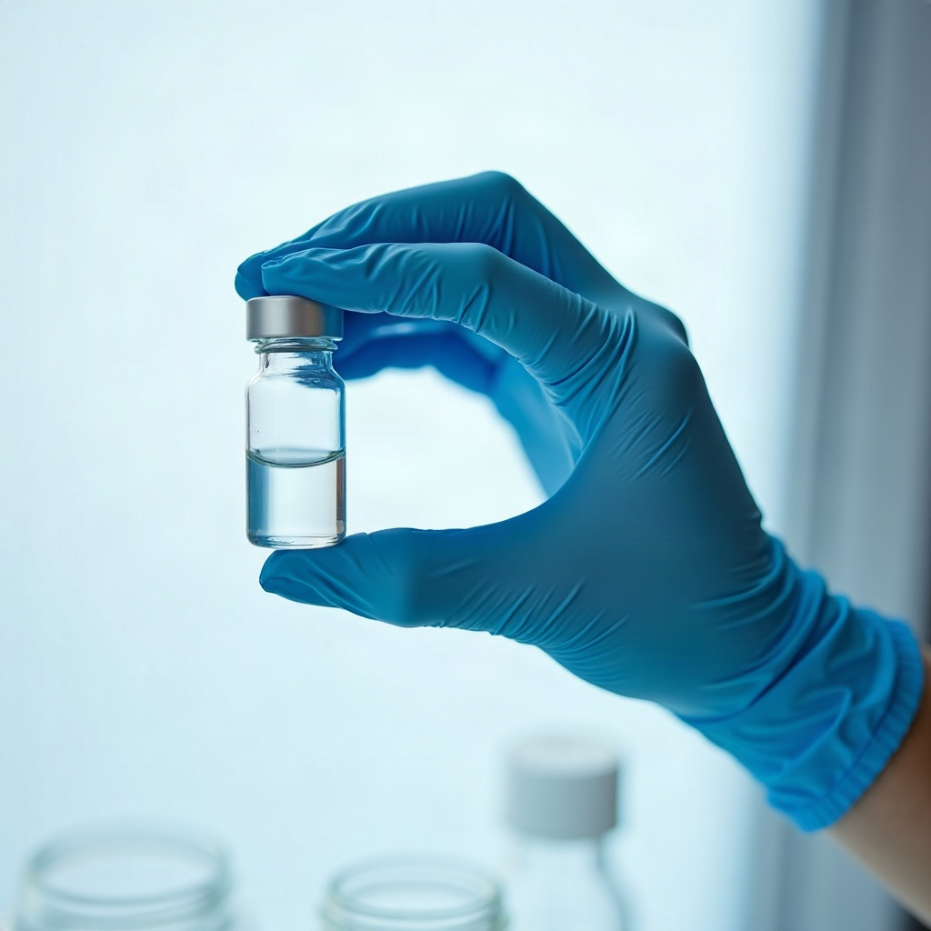 Close-up of a gloved hand holding a small clear sample vial against a sterile white background.